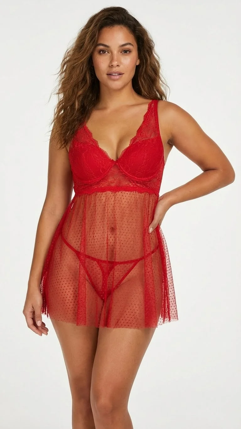 LunaIntim Ateş Kırmızısı Puantiyeli Tül Babydoll Transparan ve Fırfırlı Gecelik Takımı - Babydoll Detay